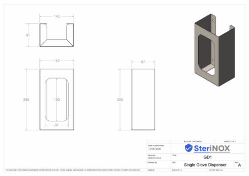 Dimensioned drawing for a Single Glove Dispenser made from Stainless Steel.