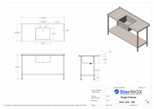 Dimensioned drawing for Single Bowl Sink Unit Frame & Shelf Stainless Steel.