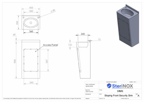 Dimensioned drawing for a sloping front security sink with front access panel. Ideal for custodial or secure environments.