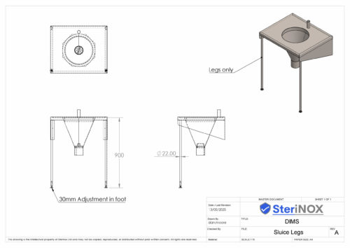 Dimensioned drawing for Legs with adjustable feet to fit a Sluice sink.