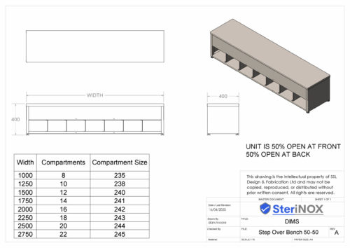 Dimensioned drawing for Stainless Steel Step Over Bench.