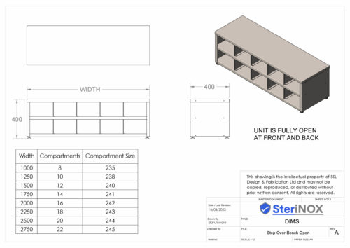 Dimensioned drawing for Stainless Steel Step Over Bench.