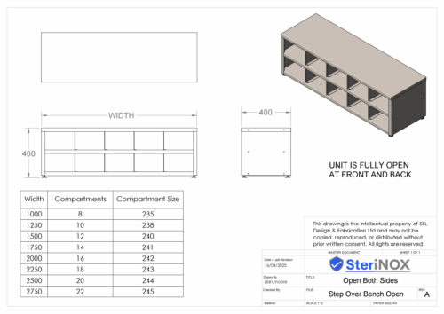 Dimensioned drawing for Stainless Steel Step Over Bench.