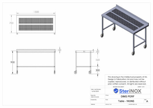 Dimensioned drawing Stainless Steel Table with upstand perorated with castors.