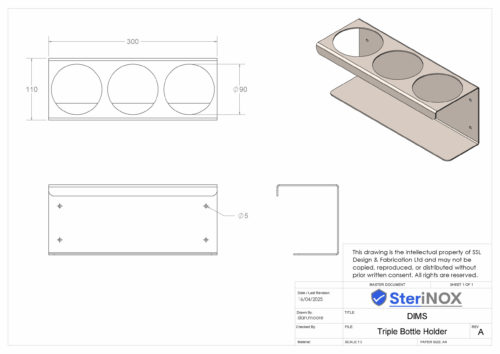 Dimensioned drawing for Triple bottle holder wall mounted.