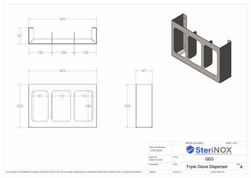 Dimensioned drawing for a triple Glove Dispenser made from Stainless Steel.