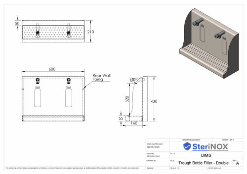 Dimensioned Drawing For a double wall mounted bottle filler.