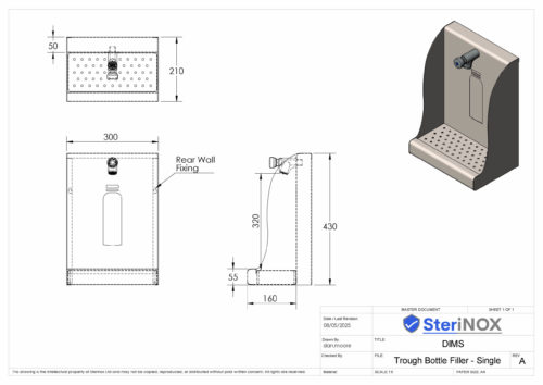 Dimensioned Drawing For a Single Wall Mounted Bottle Filler.