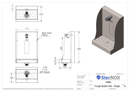 Dimensioned Drawing For a Single Wall Mounted Bottle Filler.