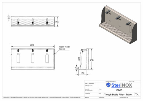 Dimensioned Drawing For a triple wall mounted bottle filler.