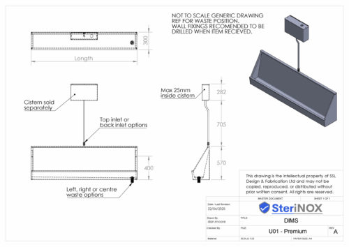 Dimensioned drawing for Wall Mounted Urinal U01 – Premium – Heavy Duty.