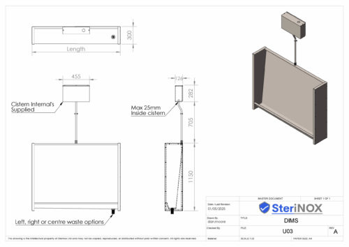 Dimensioned Drawing for U03 Urinal Stainless Steel.
