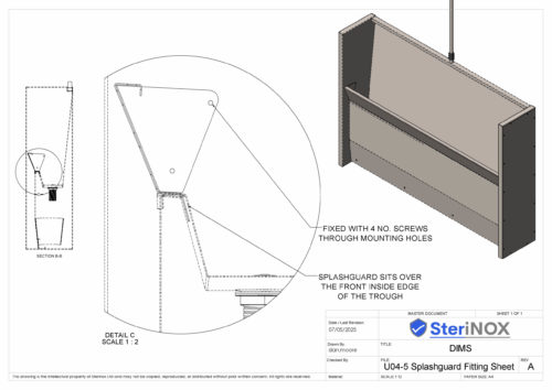 Dimensioned drawing for a Urinal Splash Guard made from Stainless Steel.