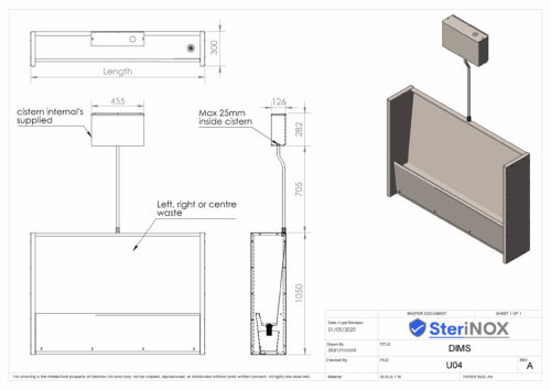 Dimensioned drawing for Floor Standing Trough Junior Height – U04.