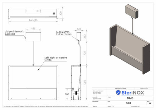 Dimensioned drawing for Floor Standing Trough Junior Height – U04.