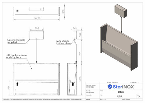 Dimensioned drawing for Floor Standing Slab Urinal Adult Height – U05.
