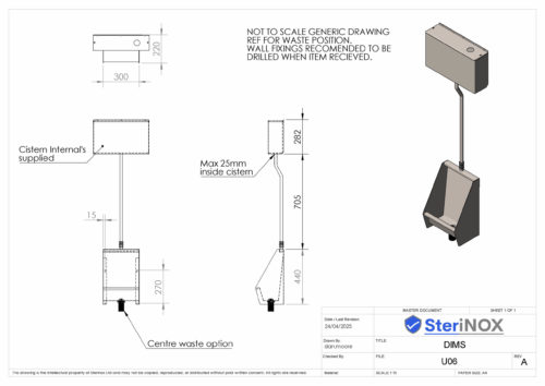 Dimensioned drawing for Single Square bowl urinal – U06.