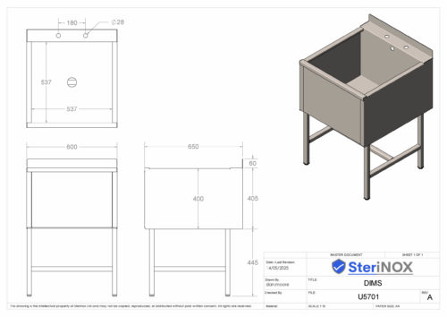 Dimensioned drawing for a stainless steel utility sink.