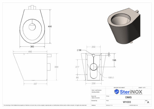 Dimensioned drawing for a WC Pan made from Stainless Steel.