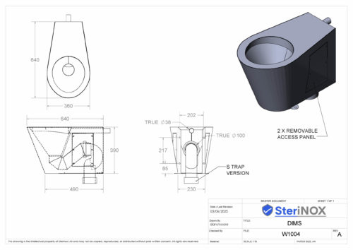 Dimensioned drawing for a WC Pan made from Stainless Steel.