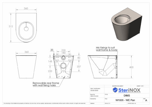 Dimensioned drawing for a WC Pan made from Stainless Steel.