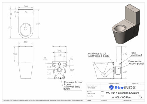 Dimensioned drawing for a WC Pan made from Stainless Steel. With cistern.