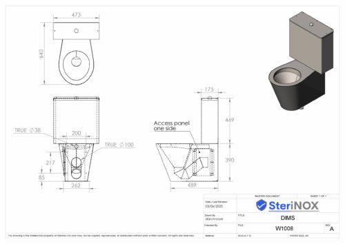 Dimensioned drawing for a WC Pan made from Stainless Steel. With cistern.