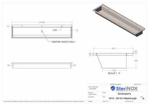 Dimensioned drawing for Stainless Steel Washtrough W14 Sit On