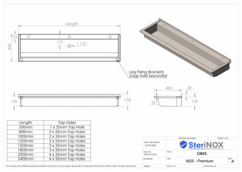 Dimensioned drawing for a Washtrough W25 made from Stainless Steel.