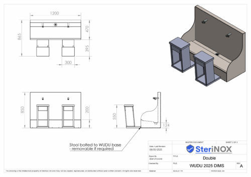 Dimensioned drawing for a Wudu wash station. Made from Stainless Steel.