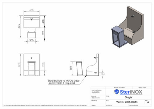 Dimensioned drawing for a Wudu wash station. Made from Stainless Steel.