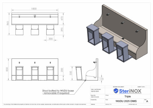 Dimensioned drawing for a Wudu wash station. Made from Stainless Steel.