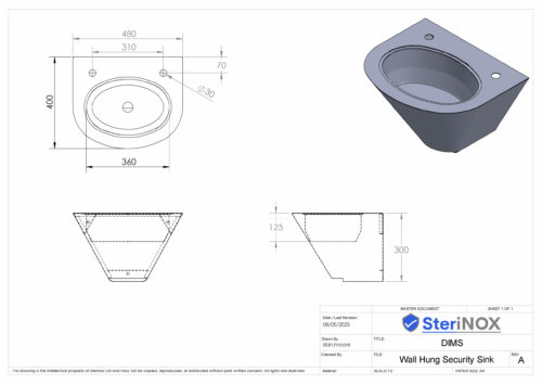 Dimensioned drawing for wall hung security sink. Ideal for custodial enviroment.