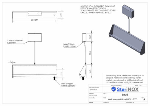 Dimensioned drawing for a Wall Mounted Urinal U01 Standard.