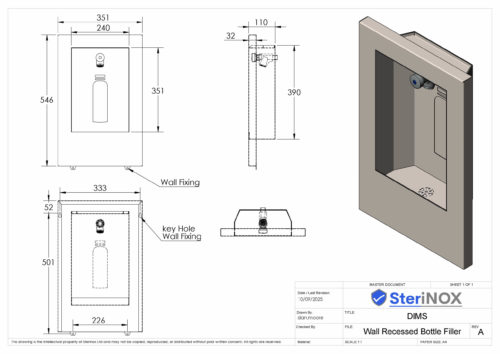 Dimensioned drawing for a Wall Recessed Bottle Filler