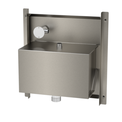 wall recessed hand rinse unit stainless steel with push button.