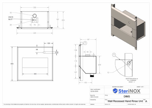 Dimensioned drawing for wall recessed hand rinse unit