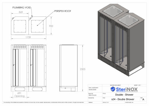 Dimensioned drawing for a double Shower Cubicle. Made from Stainless Steel.