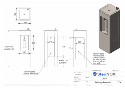 Drinking fountain with bottle filler dimensioned drawing.