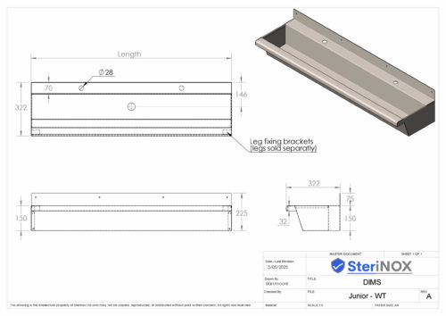 Dimensioned drawing for Junior wash trough made from stainless steel. With tap landing.