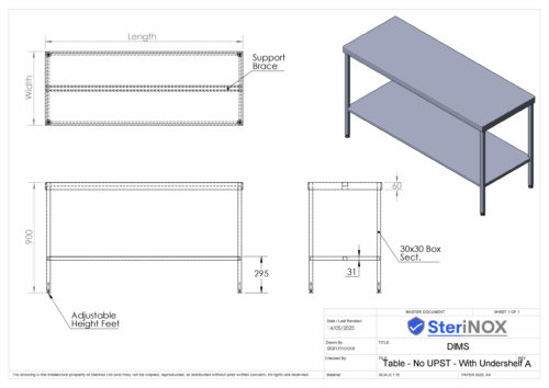 Dimensioned drawing for a Stainless Steel Table with undershelf & adjustable feet.