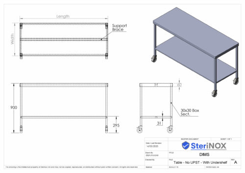 Dimensioned drawing for a Stainless Steel Table with undershelf & castors.