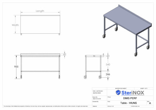 Dimensioned drawing for stainless steel Table. Ideal for Cleanrooms or Catering.