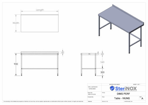 Dimensioned drawing for stainless steel Table. Ideal for Cleanrooms or Catering.