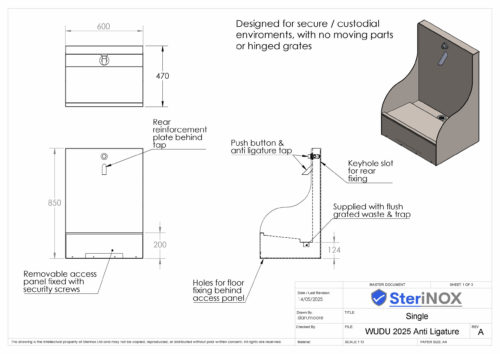 Dimensioned drawing for Wudu Anti Ligature.