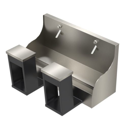 Anti-ligature double-user stainless steel Wudu foot wash bath with integrated bolt-on seat. Designed for secure environments, the unit includes a fixed stool with floor fixing tabs for anti-vandal stability.
