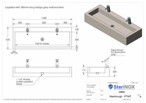 Dimensioned drawing for a solid surface washtrough.