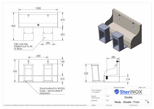 Dimensioned drawing for Anti-ligature double-user stainless steel Wudu foot wash bath with integrated bolt-on seat. Designed for secure environments, the unit includes a fixed stool with floor fixing tabs for anti-vandal stability.