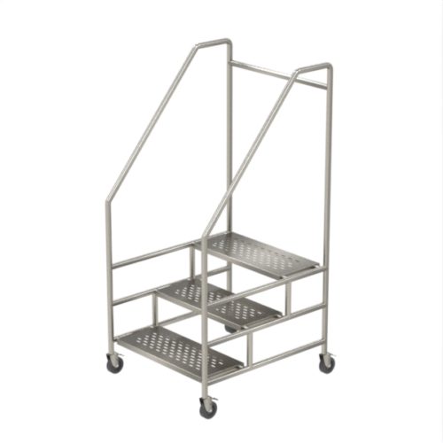 3 Step ladder on castors made from stainless steel.
