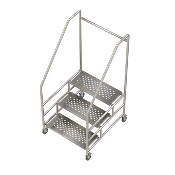 3 Step ladder on castors made from stainless steel.